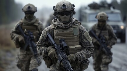 Fototapeta premium Soldiers Advancing Through Distressed Urban Area