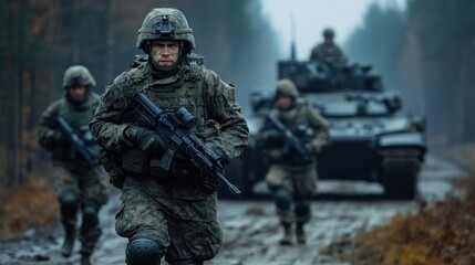 Fototapeta premium Soldiers Advancing Through Misty Terrain in Camouflage