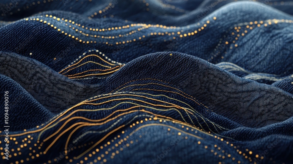 Poster close-up of textured fabric with intricate patterns and golden accents.