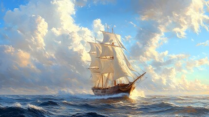 Majestic sailing vessel navigates stormy seas under bright blue skies, white sails billowing, waves dramatic in maritime adventure illustration.