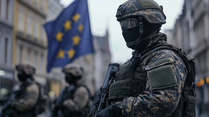 Soldier with European flag in the backdrop