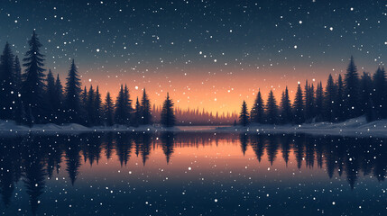 The sky is clear, with scattered stars and snow falling on the trees in front of it