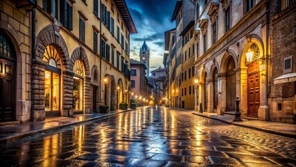 Fototapeta premium Captivating Low Light Photography of a Quiet Florence Street at Night, Showcasing Historical Architecture and Soft Glowing Lights with Reflections in Puddles
