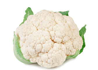 Fresh cauliflower with green leaves displayed on a white background showing a natural and healthy...