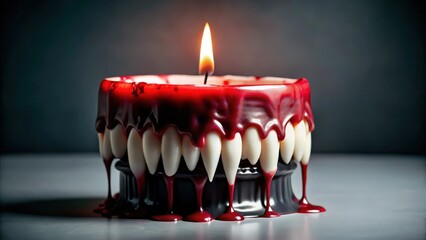 A burning candle with red wax dripping from fake teeth