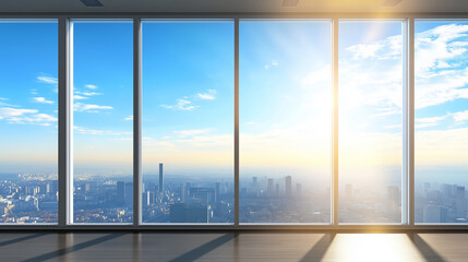 Naklejka premium Bright and Spacious Modern Urban Office with Glass Windows Background