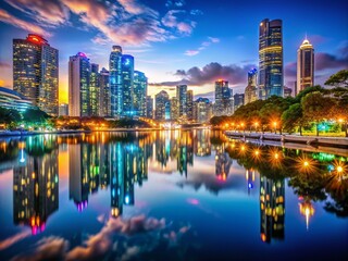 Captivating Low Light Photography of a Serene Urban Landscape at Night, Showcasing Dazzling City Lights Reflecting on Water, Creating a Magical Atmosphere for Nighttime Explorations