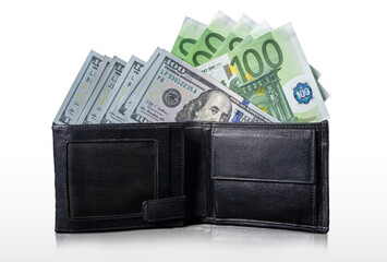 Open Black Wallet Filled with US Dollars and Euros