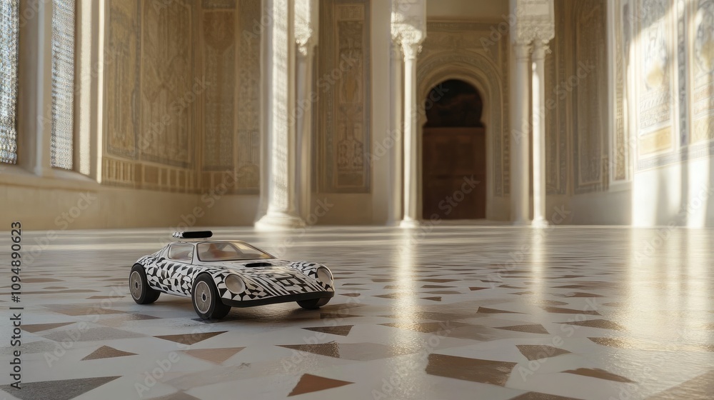 Poster A Unique Model Car Positioned on an Intricate Floor Inside an Elegant Historical Building with Stunning Architectural Features and Light Play