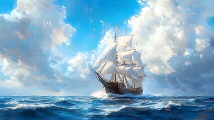 Majestic sailing vessel navigates stormy seas under bright blue skies, white sails billowing, waves dramatic in maritime adventure illustration.