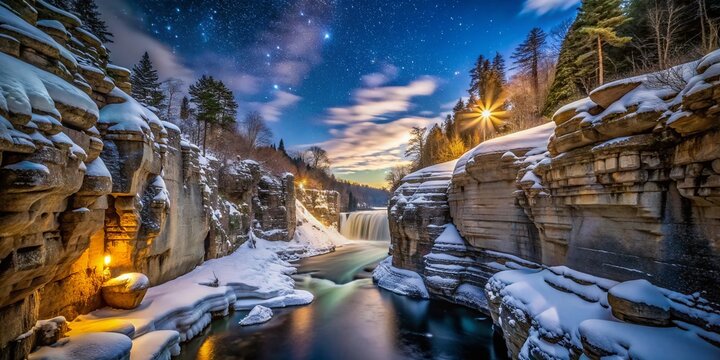 Captivating Low Light Photography of Ausable Chasm in Winter Showcasing Icy Formations and Mysterious Shadows Under a Starry Night Sky