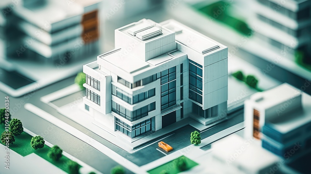 Poster modern architectural model of a residential building in a miniature urban environment with detailed 