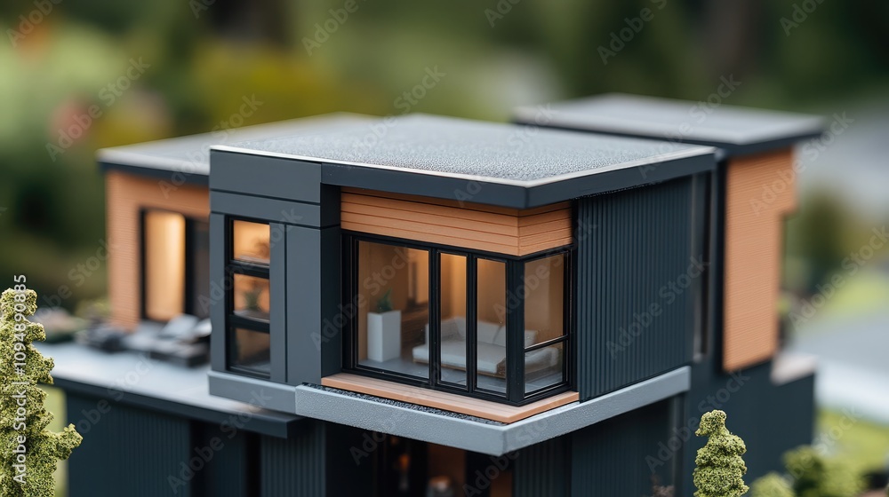 Poster modern architectural model featuring sleek lines and stylish design elements set in lush greenery to