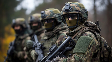 Fototapeta premium Group of soldiers ready for action in the forest