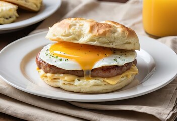 A close-up of a sausage, egg, and cheese biscuit on a plate with a cup of coffee in the background.