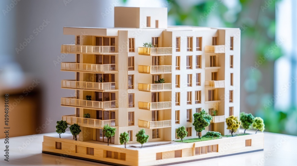 Poster architectural model of a modern residential building displayed on a wooden table with greenery in th