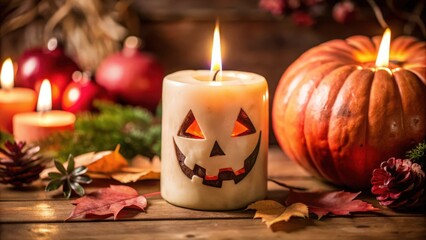 A Halloween Jack-o'-Lantern Candle with a Pumpkin and Autumnal Decor