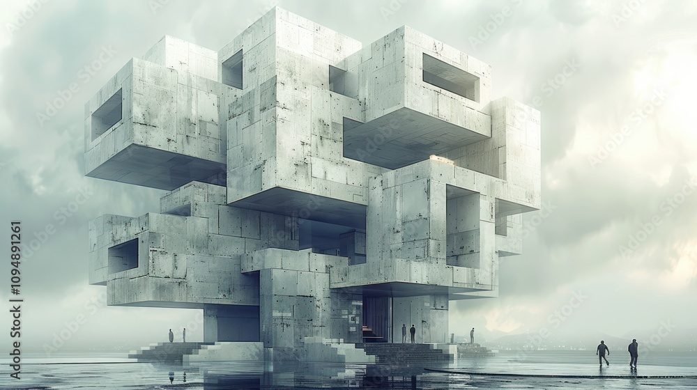 Poster a futuristic concrete structure with abstract forms and figures exploring its surroundings.