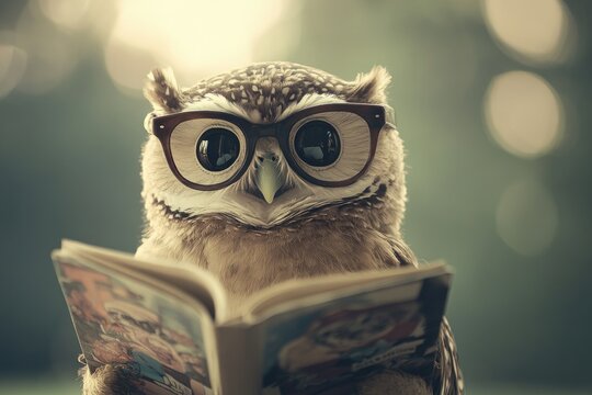 A hipster owl with thick glasses, reading a comic book with exaggerated expression