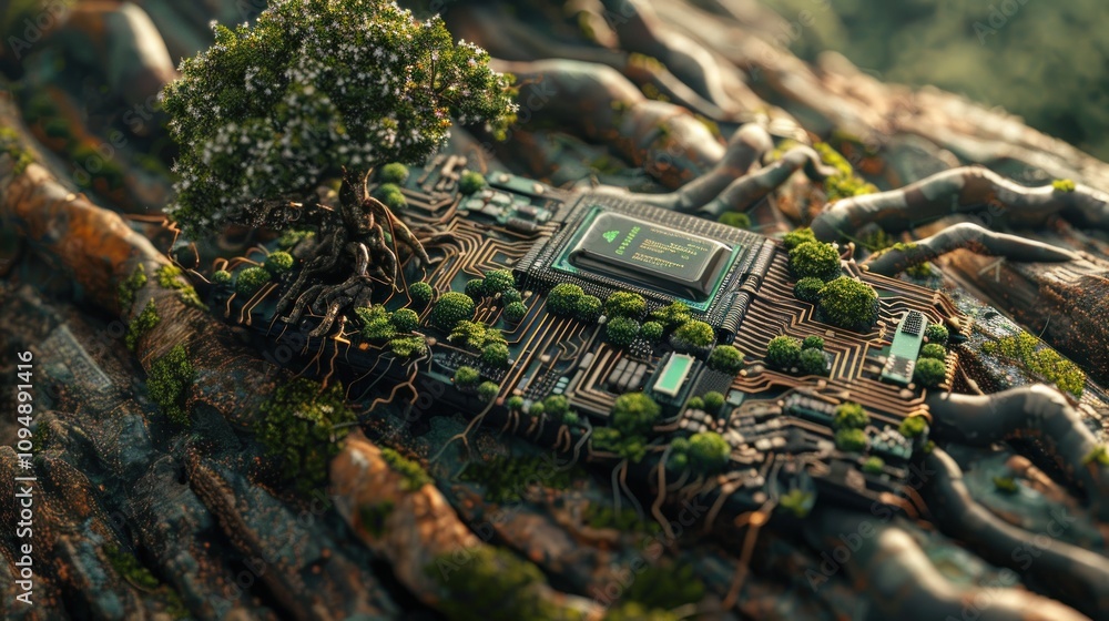 Poster a fusion of nature and technology, featuring a tree growing from a circuit board.