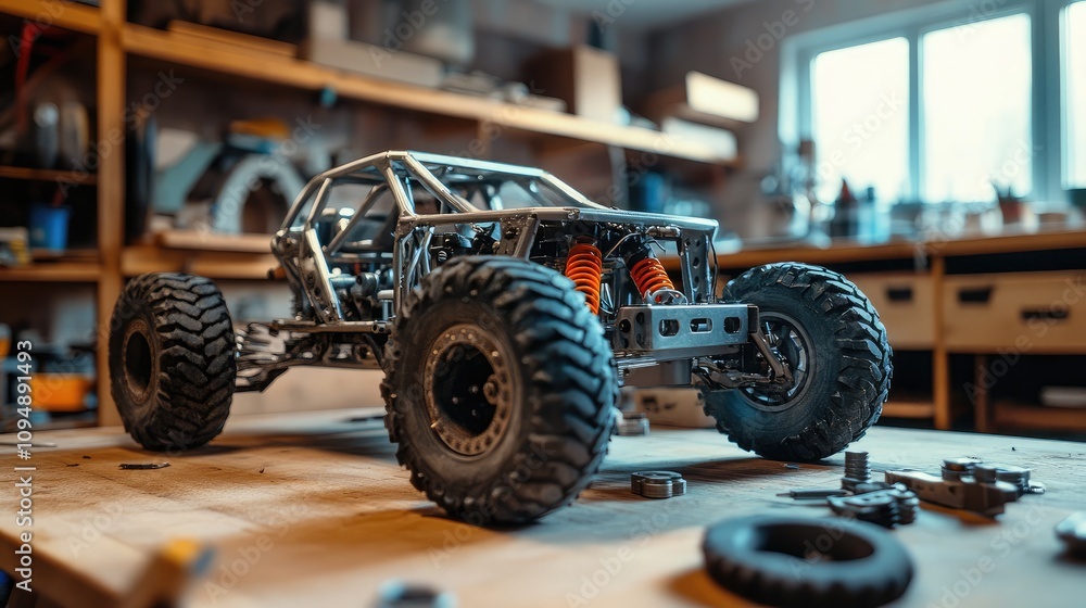 Poster detailed close-up of a metallic remote-controlled car chassis on a wooden workbench surrounded by to