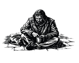 Beggar on the street engraving sketch vector illustration