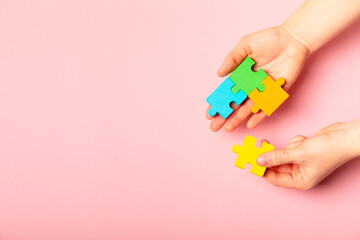 Autism puzzle.Autism awareness day. Colorful bright puzzles.Puzzle. 2 April world autism awareness day background. Top view. Space for text.Copy space.Design element.Care Awareness campaign for Autism