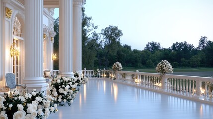 Luxurious mansion interior showcases symmetrical columns and marble pillars highlighted by gold accents and natural light for added grandeur