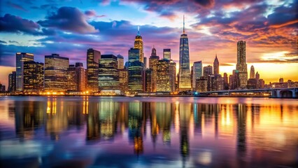 Fototapeta premium Captivating Low Light Photography of New York City Skyline at Dusk with Vibrant City Lights Reflecting on the Water, Showcasing Iconic Architecture and Urban Life