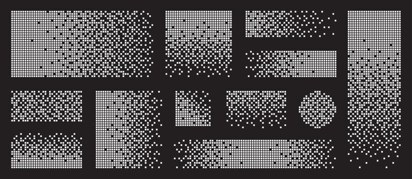 Dispersed background set. Pixel disintegration, pixel gradient, decay effect, mosaic, transform rectangle. Transition from pixels - stock vector.