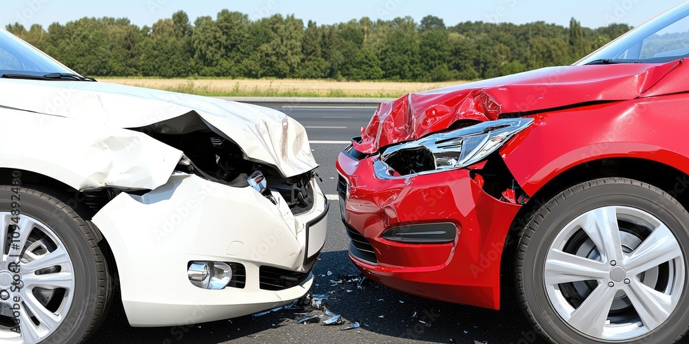 Wall mural A close-up view of a white and red car involved in a collision on a highway, showcasing damaged vehicles and debris.