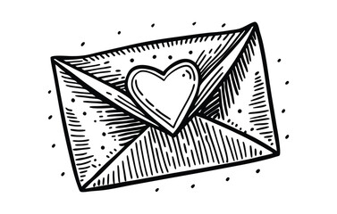 Envelope hand drawn ink sketch. Engraving style vector illustration, black and white. Valentine concept