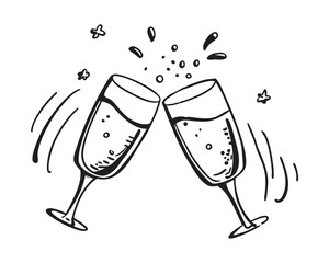 Festive glasses of champagne with splashes vector. Engraving style vector illustration, black and white