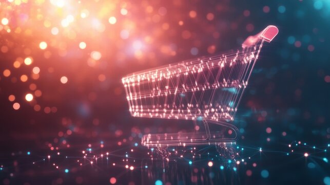 Glowing shopping cart hologram digital sale promotion poster design for holiday shopping season.