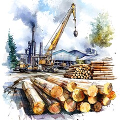 Watercolor Painting of a Lumber Mill with Crane and Stacked Logs.
