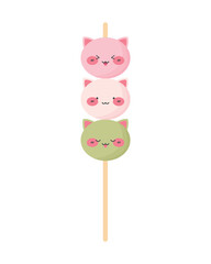 Cute kawaii cats on dango stick. Mochi Hanami dango Japanese sweet rice cake dessert. Vector illustration