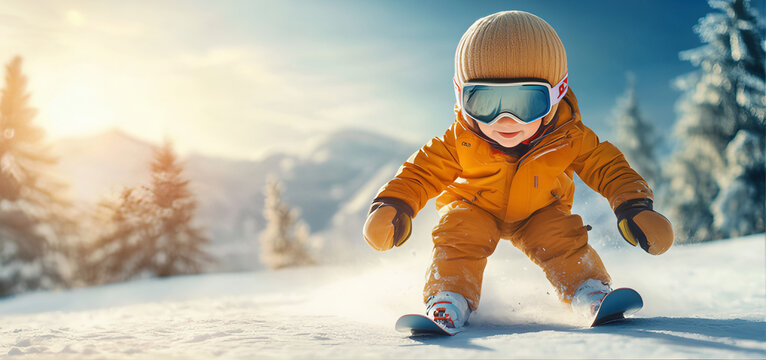 Snow ramp. Child ski snowboarding with acrobatic skill maneuvers on the snow. Child ski playing in snow 