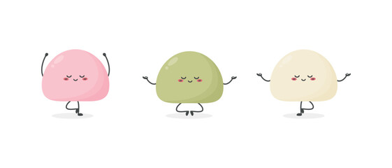 Three cute cartoon mochi characters doing yoga. Japanese sweet rice cake dessert. Vector illustration