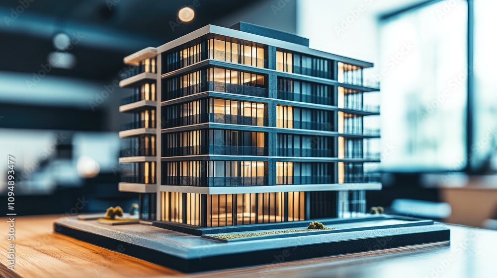 Aufkleber detailed architectural model of a modern multi-storey building displayed on a table in a contemporar