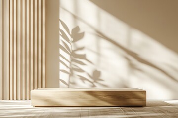 A minimalist interior scene showcasing a wooden bench and soft shadows from plants on the wall.