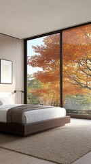 Bright bedroom features a large bed with textured blankets and pillows, offering a view of vibrant autumn leaves outside