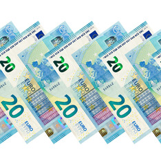 Seamless pattern with twenty-euro banknotes. Image isolated on white background