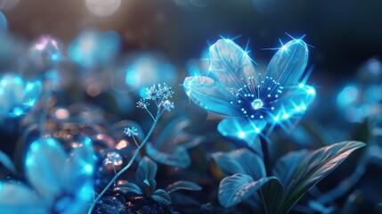 A luminous blue flower surrounded by sparkling flora in a magical, enchanting setting.