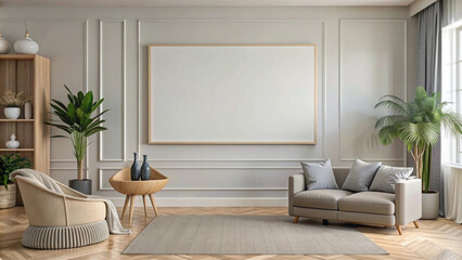 Blank white picture wall mockup in a bright and spacious living room.Blank Scandinavian interior poster template for your design,illustrations