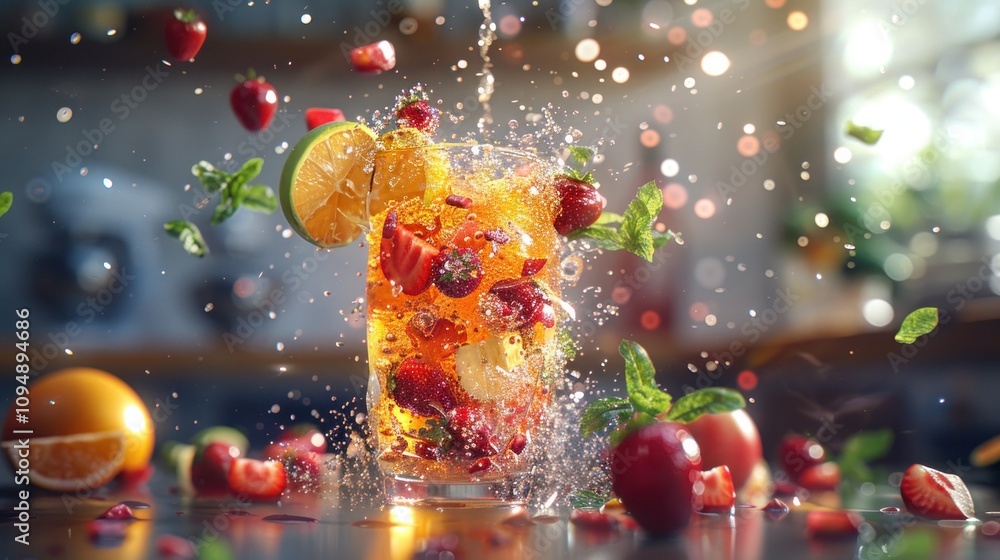 Poster a refreshing drink with fruits and mint splashing in a glass, creating a vibrant scene.