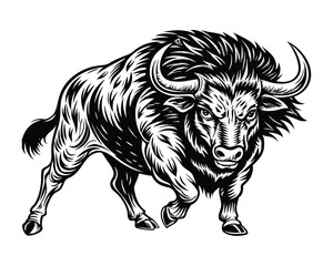 Fototapeta premium Silhouette of a bull charging with head. Engraving style vector illustration, black and white