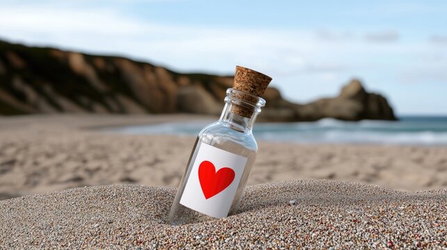 A message in a bottle with a heart symbol, resting on a sandy beach, inspiring thoughts of love and connection by the sea.