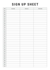 Sign Up sheets black and white page