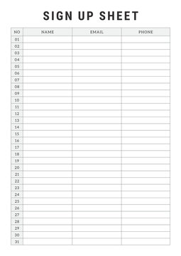 Sign Up sheets black and white page