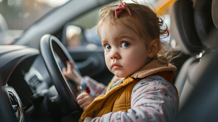 Little child at drivers seat together with mother